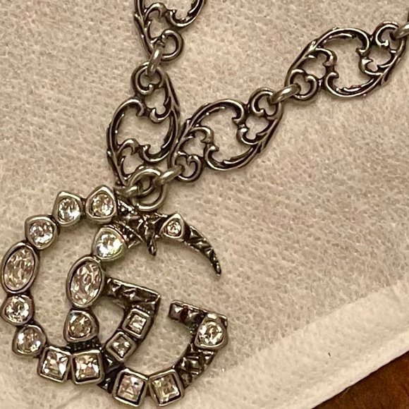 NWT/B~GUCCI~GG Marmont Crystal Aged Silver Necklace - Picture 7 of 9